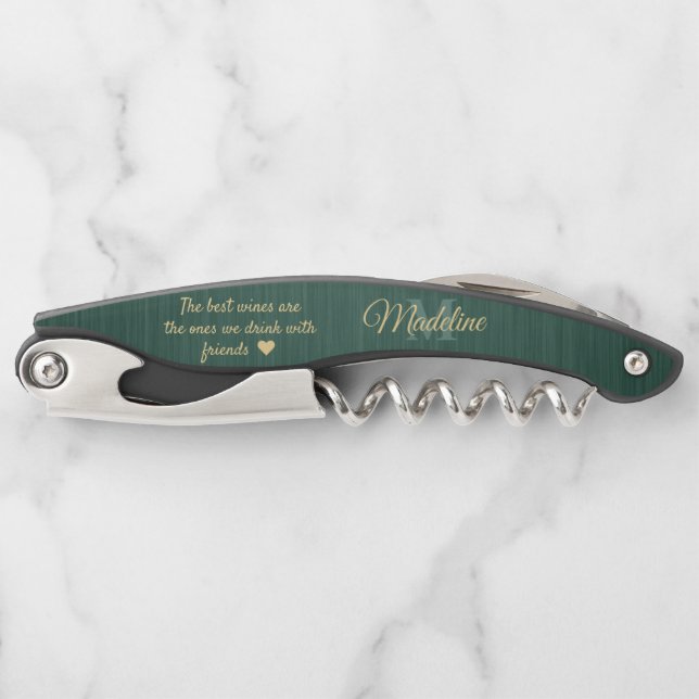 Any Quote Script Monogram Brushed Green and Gold Waiter's Corkscrew (Front)