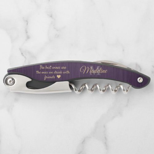 Any Quote Script Monogram Brushed Purple and Gold Waiters Corkscrew