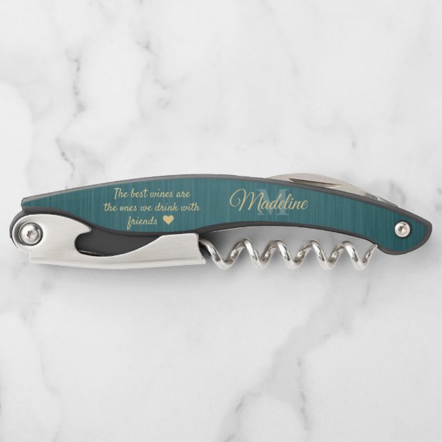 Any Quote Script Monogram Brushed Teal and Gold Waiter's Corkscrew (Front)