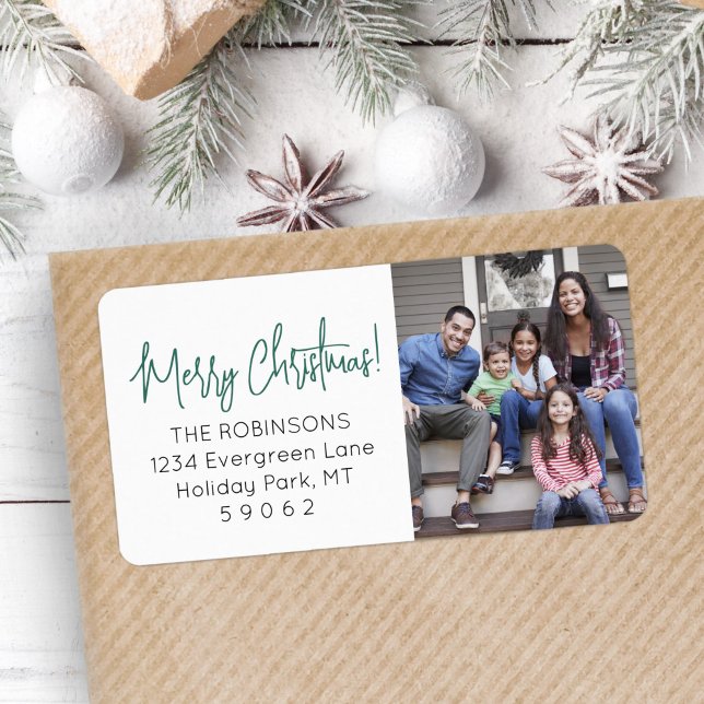 Any Script Christmas Photo Green Return Address Label (Creator Uploaded)