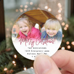 Any Script Round Photo Red Return Address Labels<br><div class="desc">Add a stylish finishing touch to holiday card envelopes with modern custom photo round return address labels. The picture and all text on this template are simple to personalize with any wording, such as Merry Christmas, Happy Holidays, Seasons Greetings, or Happy New Year. As an option, change the script typography...</div>