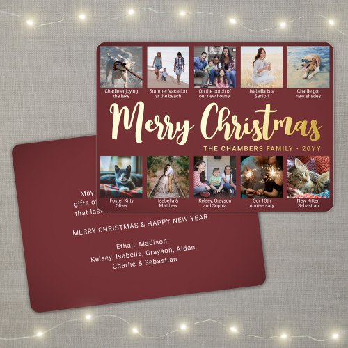 Any Text 10 Photo Collage Burgundy Christmas Foil Holiday Card