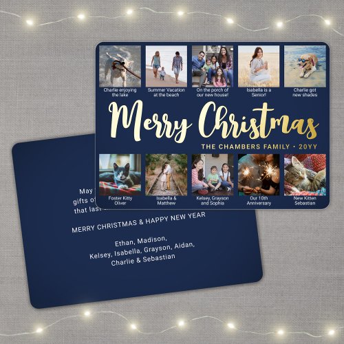 Any Text 10 Photo Collage Navy Blue Christmas Foil Holiday Card