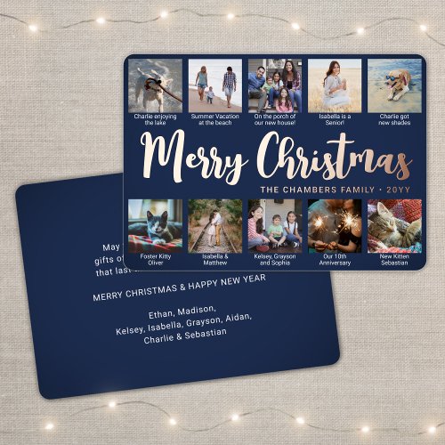 Any Text 10 Photo Collage Navy Blue Trendy Script Foil Holiday Card