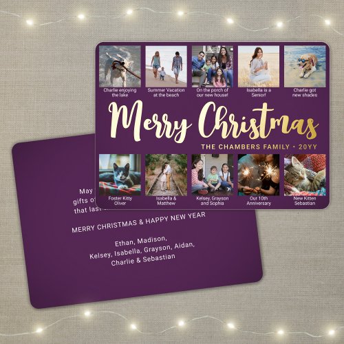 Any Text 10 Photo Collage Purple Christmas Script Foil Holiday Card