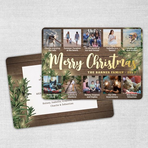 Any Text 10 Photo Collage Wood Greenery  Lights Foil Holiday Card