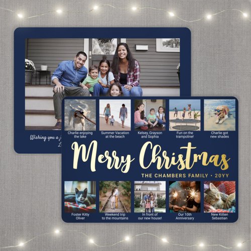Any Text 11 Photo Collage Navy Blue Christmas Foil Holiday Card