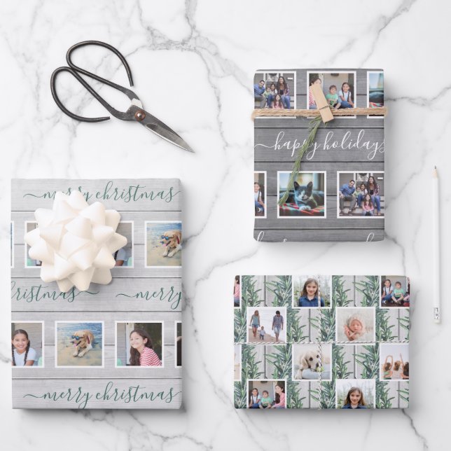 Any Text 12 Photo Collage Farmhouse Wood Christmas Wrapping Paper Sheets (Front)