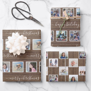 Any Text 12 Photo Collage Rustic Wood Christmas Wrapping Paper Sheets