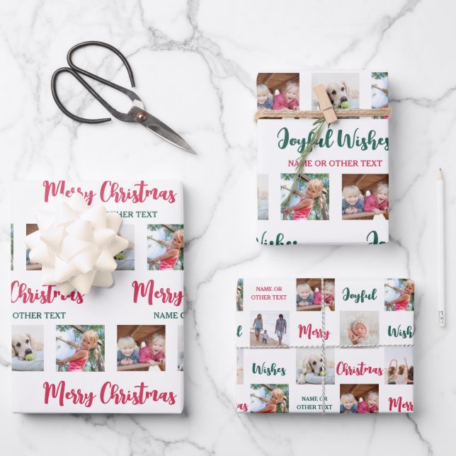 Any Text & 12 Photos Bright Modern Merry Christmas Wrapping Paper Sheets (Front)