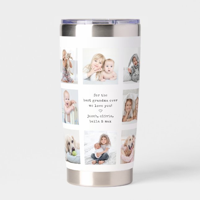 Any Text 16 Photo Collage Modern Minimal Keepsake Insulated Tumbler (Front)