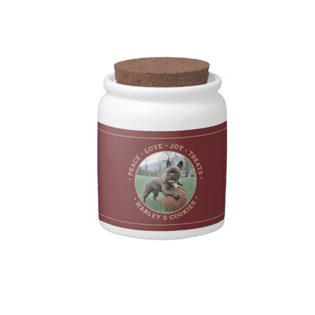 Any Text 1 Photo Burgundy & Gold Pet Treat Jar (Front)