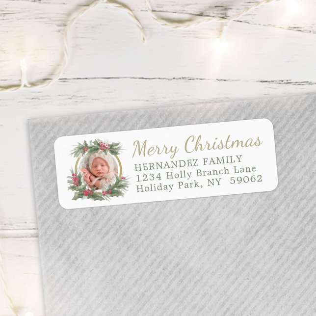 Any Text 1 Photo Christmas Holly Return Address Label (Creator Uploaded)