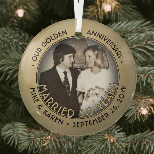 Any Text 1 Photo Golden 50th Wedding Anniversary Glass Ornament