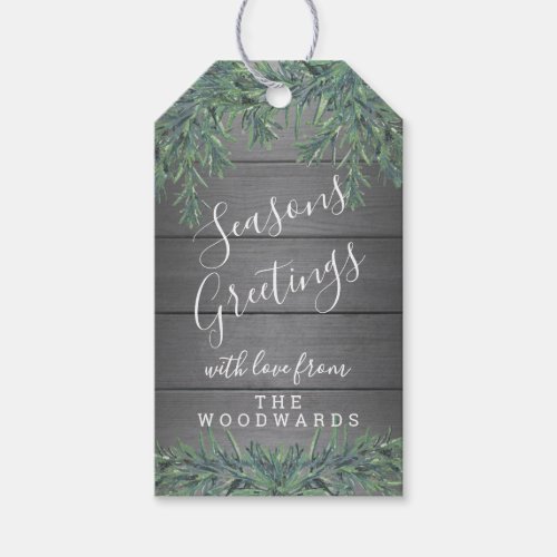 Any Text 1 Photo Holiday Greenery Rustic Gray Wood Gift Tags