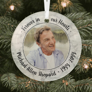 Any Text 1 Photo Memorial Elegant Faux Marble Glass Ornament