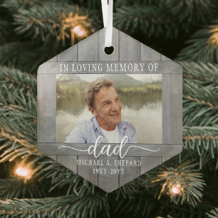 Any Text 1 Photo Memorial Gray Faux Wood Hexagon Glass Ornament