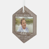 Any Text 1 Photo Memorial Rustic Faux Wood Hexagon Glass Ornament (Front Left)