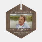Any Text 1 Photo Memorial Rustic Faux Wood Hexagon Glass Ornament (Back)