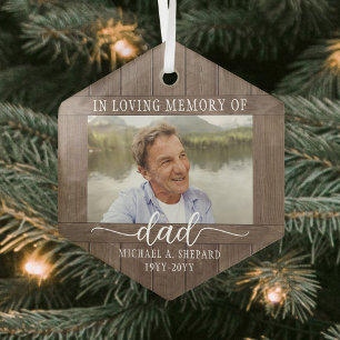 Any Text 1 Photo Memorial Rustic Faux Wood Hexagon Glass Ornament
