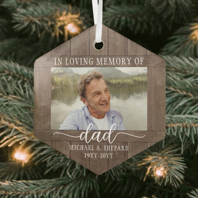 Any Text 1 Photo Memorial Rustic Faux Wood Hexagon Glass Ornament