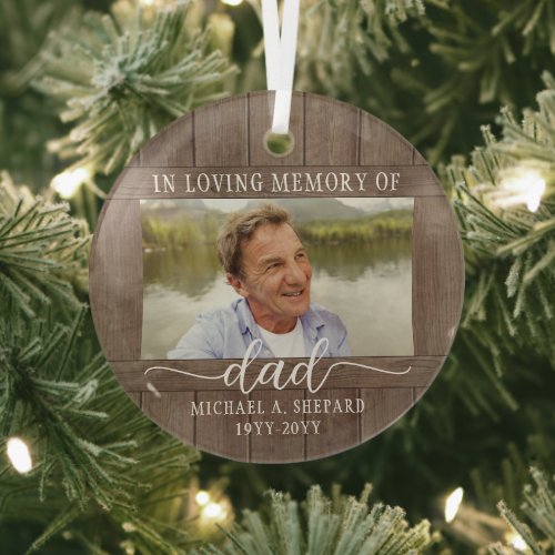Any Text 1 Photo Memorial Simple Rustic Faux Wood Glass Ornament