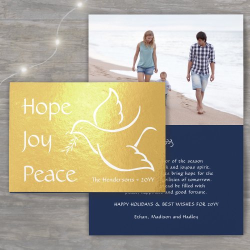 Any Text 1 Photo Peace Dove Gold Blue Holiday Real Foil Card