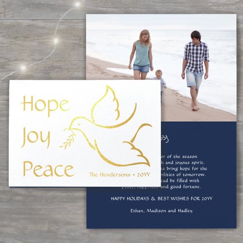 Any Text 1 Photo Peace Dove Navy Gold Holiday Real Foil Card