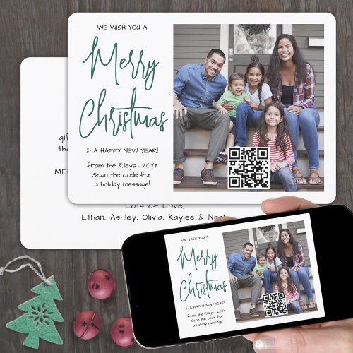 Any Text 1 Photo  QR Code Merry Christmas Green Holiday Card