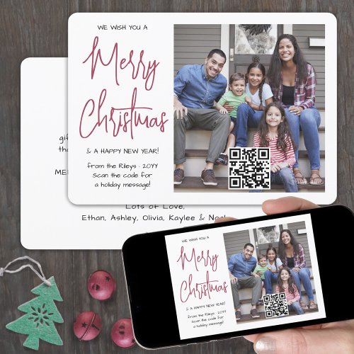Any Text 1 Photo  QR Code Merry Christmas Red Holiday Card