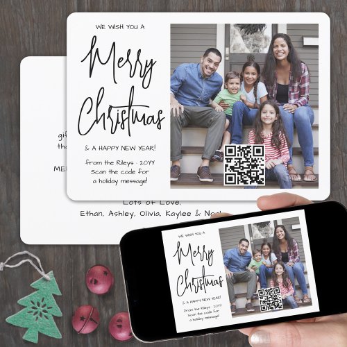 Any Text 1 Photo QR Code Merry Christmas Scannable Holiday Card