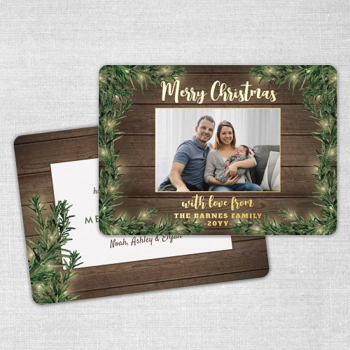 Any Text 1 Photo Rustic Wood Pine  String Lights Foil Holiday Card