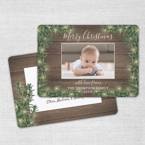 Any Text 1 Photo Rustic Wood Pine  String Lights Holiday Card