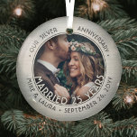 Any Text 1 Photo Silver 25th Wedding Anniversary Glass Ornament<br><div class="desc">Celebrate a joyful 25th wedding anniversary with a custom photo "Married 25 Years" round glass faux brushed silver Christmas ornament. Picture andn all text on this template are simple to personalize and can be different or the same on front and back. (IMAGE & TEXT DESIGN TIPS: 1) To adjust position...</div>