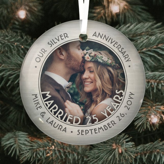 Any Text 1 Photo Silver 25th Wedding Anniversary Glass Ornament (Creator Uploaded)