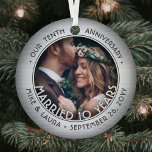 Any Text 2 Photo 10th Wedding Anniversary Faux Tin Metal Ornament<br><div class="desc">Celebrate a joyful 10th wedding anniversary with a custom 2 photo "Married 10 Years" round metal faux brushed silver Christmas ornament. All text and images on this template are simple to personalize and can be different or the same on front and back. (IMAGE & TEXT DESIGN TIPS: 1) To adjust...</div>