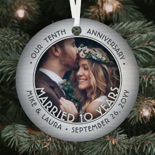 Any Text 2 Photo 10th Wedding Anniversary Faux Tin Metal Ornament