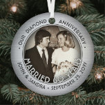 Any Text 2 Photo Diamond 60th Wedding Anniversary Metal Ornament<br><div class="desc">Celebrate a joyful 60th wedding anniversary with a custom 2 photo "Married 60 Years" round metal faux brushed platinum Christmas ornament. All text and images on this template are simple to personalize and can be different or the same on front and back. The design features a faux silver border, stylish...</div>
