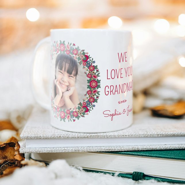 Any Text 2 Photo Floral Wreath We Love You Grandma Coffee Mug (Creator Uploaded)