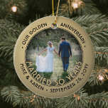 Any Text 2 Photo Golden 50th Wedding Anniversary Ceramic Ornament<br><div class="desc">Celebrate a joyful golden 50th wedding anniversary with a custom 2 photo "Married 50 Years" black and gold round ceramic ornament. All text and images on this template are simple to personalize and can be different or the same on front and back. (IMAGE & TEXT DESIGN TIPS: 1) To adjust...</div>