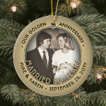 Any Text 2 Photo Golden 50th Wedding Anniversary Ceramic Ornament<br><div class="desc">Celebrate a joyful golden 50th wedding anniversary with a custom 2 photo "Married 50 Years" black and gold round ceramic ornament. All text and images on this template are simple to personalize and can be different or the same on front and back. (IMAGE & TEXT DESIGN TIPS: 1) To adjust...</div>