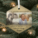 Any Text 2 Photo Golden 50th Wedding Anniversary Glass Ornament<br><div class="desc">Celebrate a joyful golden 50th wedding anniversary with a custom 2 photo "Married 50 Years" black and gold hexagon-shaped glass Christmas ornament. Pictures and all wording on this template are simple to personalize. Design features a gold faux foil background, stylish vintage art deco style typography, the couple's names & date,...</div>