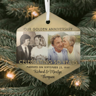 Any Text 2 Photo Golden 50th Wedding Anniversary Glass Ornament