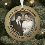 Any Text 2 Photo Golden 50th Wedding Anniversary Metal Ornament<br><div class="desc">Celebrate a joyful golden 50th wedding anniversary with a custom 2 photo "Married 50 Years" black and gold round metal Christmas ornament. All text and images on this template are simple to personalize and can be different or the same on front and back. (IMAGE & TEXT DESIGN TIPS: 1) To...</div>