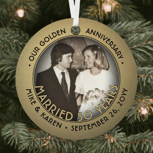 Any Text 2 Photo Golden 50th Wedding Anniversary Metal Ornament