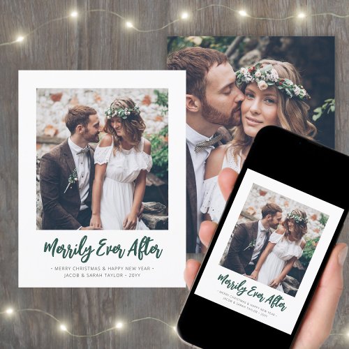 Any Text 2 Photo Green Script Merrily Ever After Holiday Card