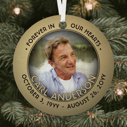 Any Text 2 Photo Memorial Black and Gold Faux Foil Metal Ornament