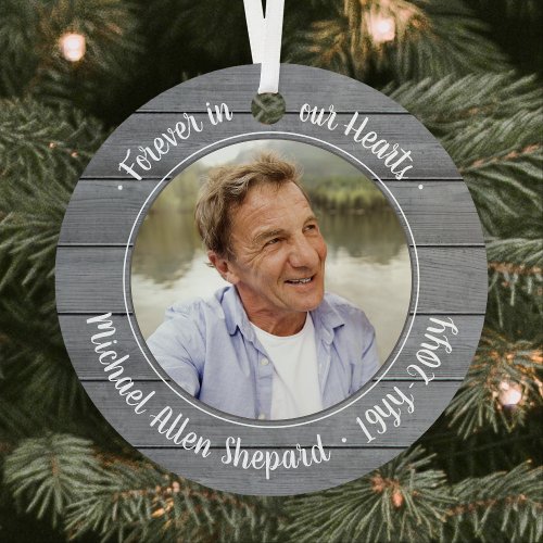 Any Text 2 Photo Memorial Elegant Faux Gray Wood Metal Ornament