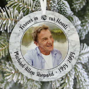 Any Text 2 Photo Memorial Elegant Faux Marble Metal Ornament
