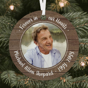 Any Text 2 Photo Memorial Elegant Rustic Faux Wood Metal Ornament